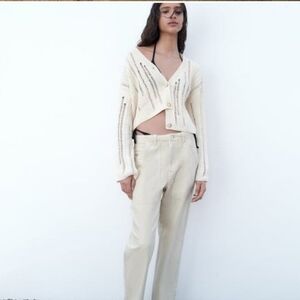 Zara Cream Women's Distressed Cropped Cardigan Sweater Size S